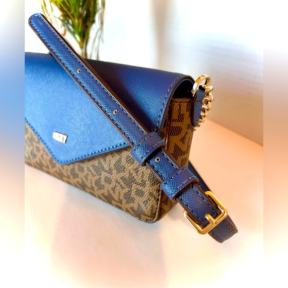 DKNY Mini “Sloana” Crossbody Shoulder Flap Logo Bag Blue/Brown Signature - Picture 11 of 11
